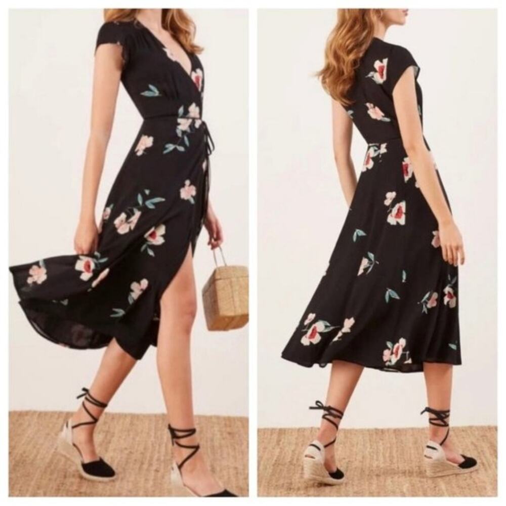 Reformation Carina Black Floral Flutter Cap Sleeve Formal Event Midi Wrap Dress